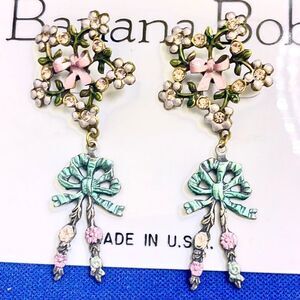 Banana Bob delicate floral bow pastel crystal enamel pierced dangle earrings